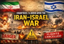 Iran–Israel War: Countries Travelers Should Avoid Amid Rising Middle East Tensions Iran Israel War travel advisory showing countries to avoid in the Middle East due to rising conflict and flight disruptions.