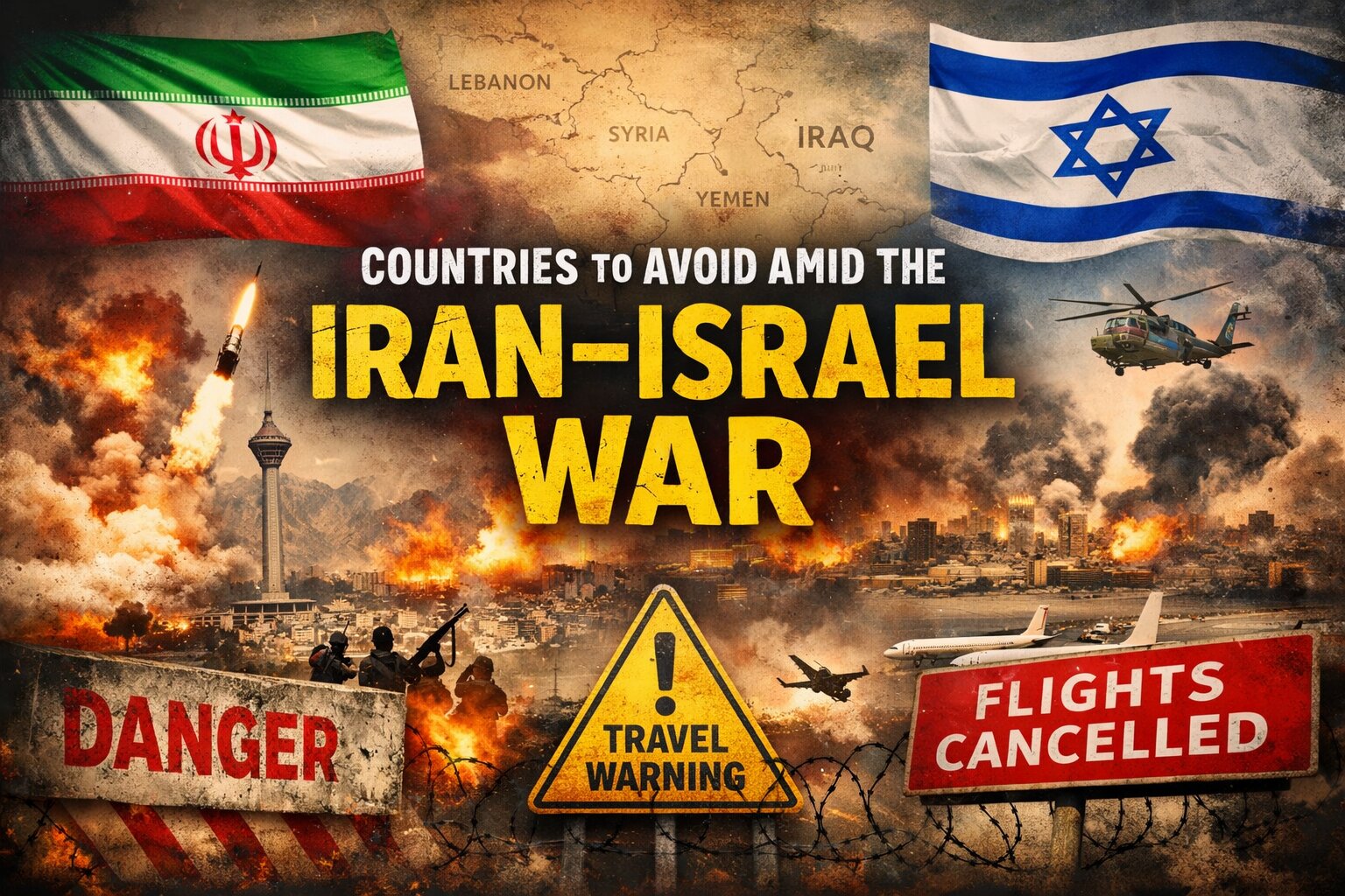 Iran–Israel War: Countries Travelers Should Avoid Amid Rising Middle East Tensions Iran Israel War travel advisory showing countries to avoid in the Middle East due to rising conflict and flight disruptions.